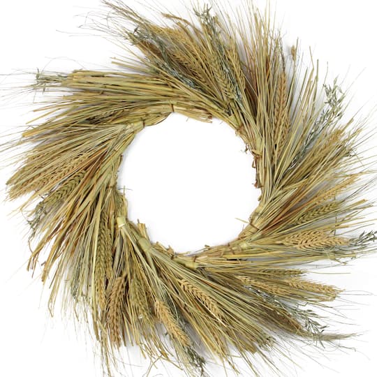 22" Unlit Autumn Harvest Wheat Grass & Grapevine Thanksgiving Fall Wreath